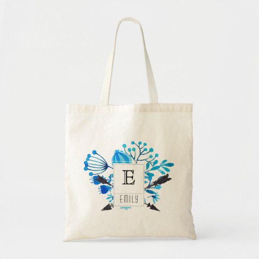 Blue Floral Monogram Initiaal Persoonlijke Canvas  Tote Bag (Voorkant)