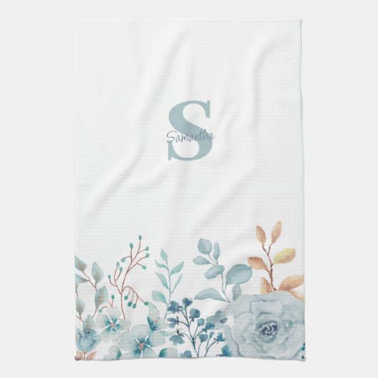 Blue Floral Monogram Name Kitchen Towels Theedoek (Verticaal)