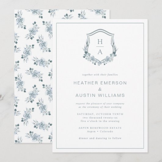 Blue Floral Monogram Wedding Kaart (Voorkant / Achterkant)