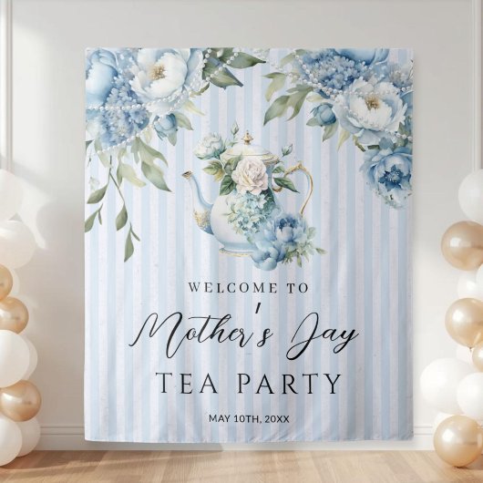 Blue Floral Mother's Day Tea Party Backdrop Wandkleed