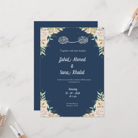 Blue Floral muslim wedding invitation Editable  Kaart (Voorkant / Achterkant in situ)