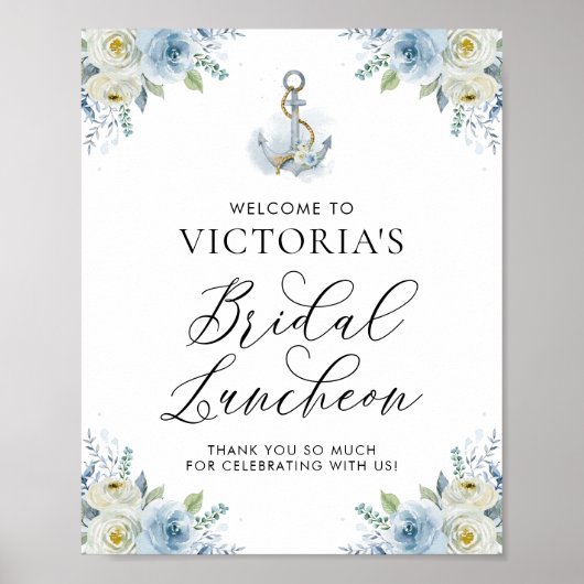 Blue Floral Nautical Bridal Luncheon Welkom Poster (Voorkant)