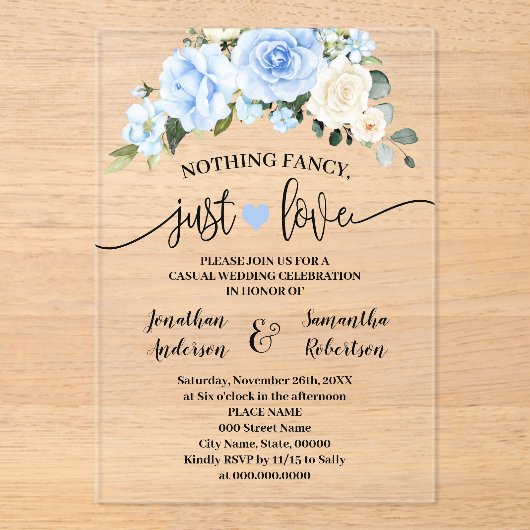 Blue Floral Niets Fancy Alleen liefde Elopement Acryl Uitnodigingen (Voorkant)
