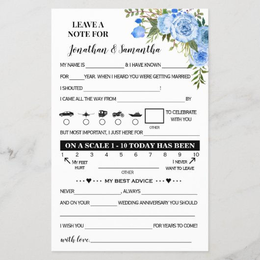 Blue Floral Note for Couple Wedding Reception Card Flyer (Voorkant)