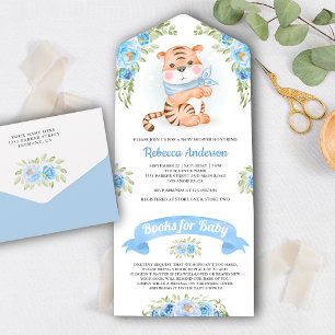 Blue Floral Oerwoud Safari Cute Tiger Baby shower All In One Uitnodiging