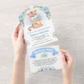 Blue Floral Oerwoud Safari Cute Tiger Baby shower All In One Uitnodiging (Afscheurbaar)