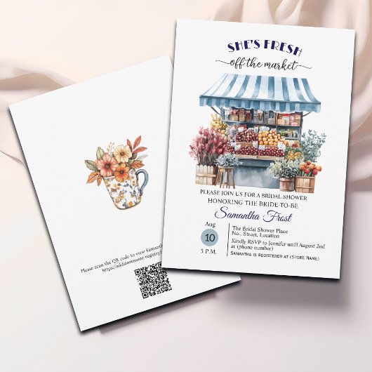 Blue Floral Off the Market QR Code Vrijgezellenfee Kaart