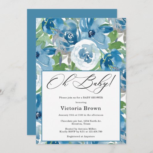Blue Floral Oh Baby Shower Invitation Kaart (Voorkant / Achterkant)