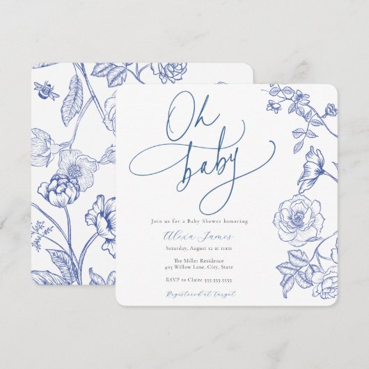 Blue Floral Oh Baby shower Uitnodiging (Voorkant / Achterkant)