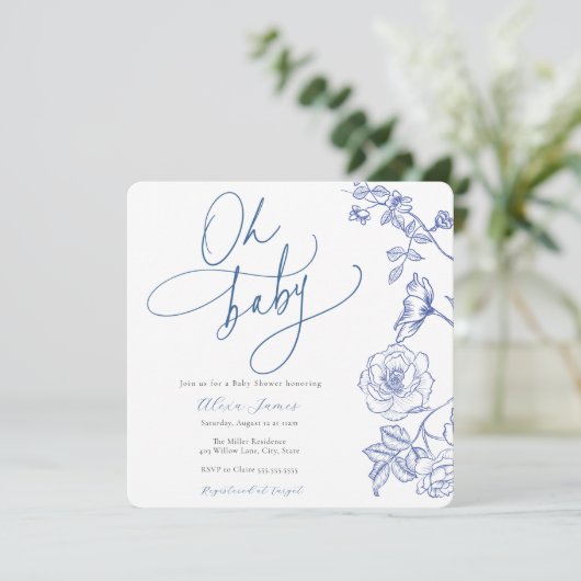 Blue Floral Oh Baby shower Uitnodiging (Staand voorkant)