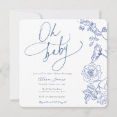 Blue Floral Oh Baby shower Uitnodiging (Voorkant)