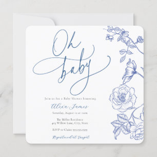 Blue Floral Oh Baby shower Uitnodiging