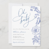 Blue Floral Oh Baby shower Uitnodiging (Voorkant)