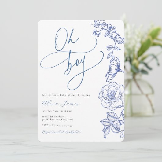Blue Floral Oh Boy Baby shower Uitnodiging (Staand voorkant)