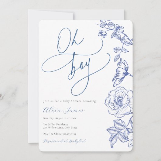Blue Floral Oh Boy Baby shower Uitnodiging (Voorkant)