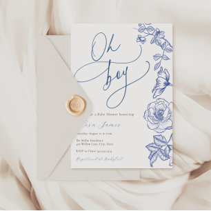 Blue Floral Oh Boy Baby shower Uitnodiging