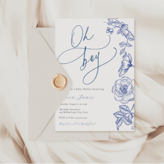 Blue Floral Oh Boy Baby shower Uitnodiging