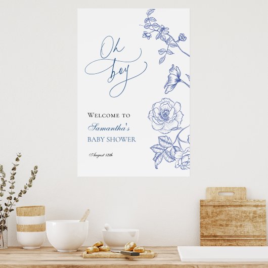 Blue Floral Oh Boy Baby shower Welkom Poster (Keuken)