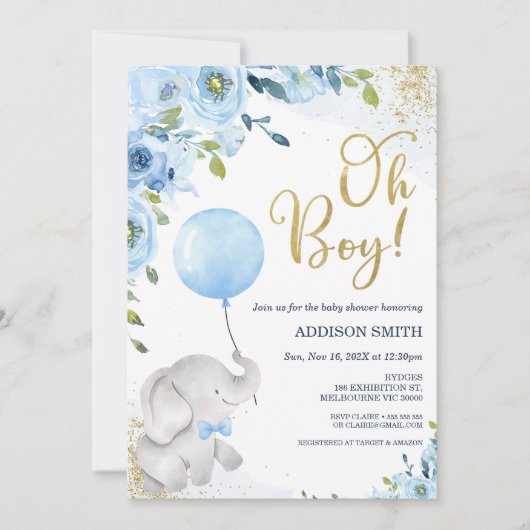 Blue Floral Oh Boy Olifant Baby shower Uitnodiging (Voorkant)
