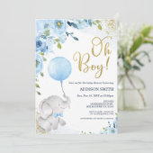 Blue Floral Oh Boy Olifant Baby shower Uitnodiging (Staand voorkant)