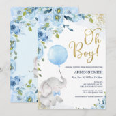 Blue Floral Oh Boy Olifant Baby shower Uitnodiging (Voorkant / Achterkant)