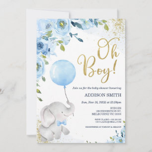 Blue Floral Oh Boy Olifant Baby shower Uitnodiging