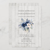 Blue Floral on Wood Wedding Invitation Kaart (Voorkant / Achterkant)