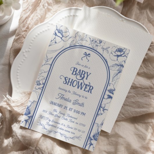 Blue Floral Ornament  Baby shower Invitatio Kaart