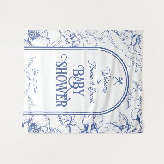 Blue Floral Ornament Classic Neutral Welkom Wandkleed (Voorkant (horizontaal))