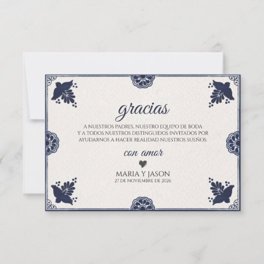 Blue Floral Otomi Simple Fiesta Spanish Wedding Bedankkaart (Voorkant)