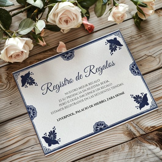 Blue Floral Otomi Simple Fiesta Spanish Wedding Informatiekaartje