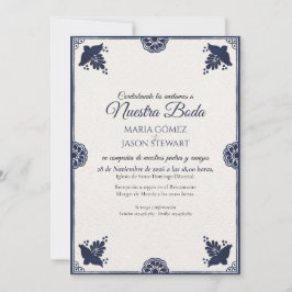 Blue Floral Otomi Simple Fiesta Spanish Wedding Kaart