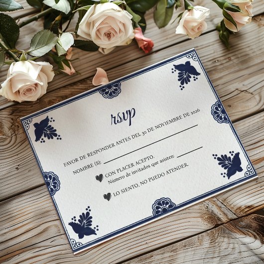 Blue Floral Otomi Simple Fiesta Spanish Wedding RSVP Kaartje