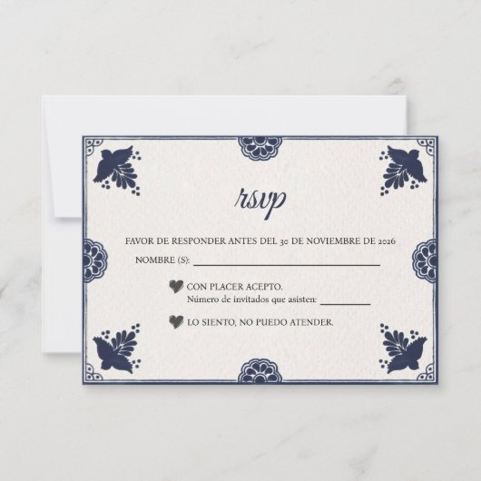 Blue Floral Otomi Simple Fiesta Spanish Wedding RSVP Kaartje (Voorkant)