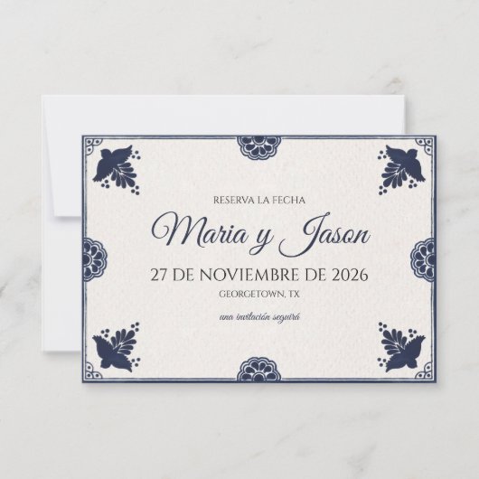 Blue Floral Otomi Simple Fiesta Spanish Wedding Save The Date (Voorkant)