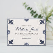 Blue Floral Otomi Simple Fiesta Spanish Wedding Save The Date (Staand voorkant)