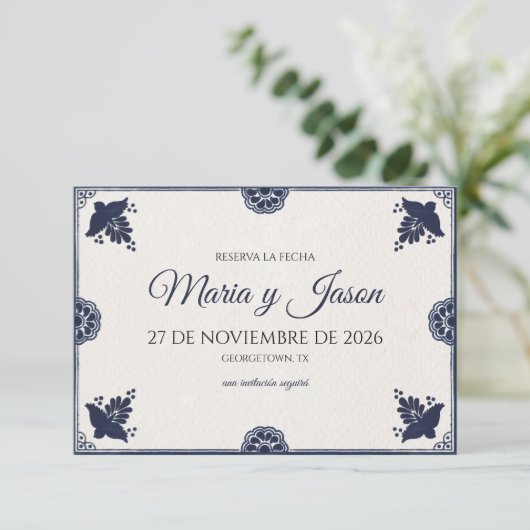 Blue Floral Otomi Simple Fiesta Spanish Wedding Save The Date (Staand voorkant)