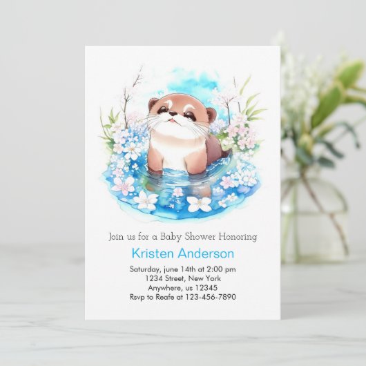 Blue Floral Otter Meadow Boy Baby shower Kaart (Staand voorkant)