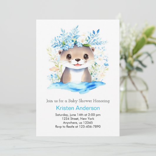 Blue Floral Otter Waterverf Boy Baby shower Kaart (Staand voorkant)