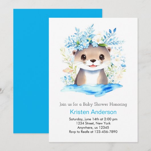 Blue Floral Otter Waterverf Boy Baby shower Kaart (Voorkant / Achterkant)