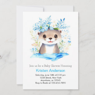 Blue Floral Otter Waterverf Boy Baby shower Kaart