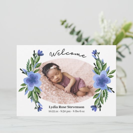  Blue Floral Oval Lijst Foto geboortedatum Aankondiging (Staand voorkant)
