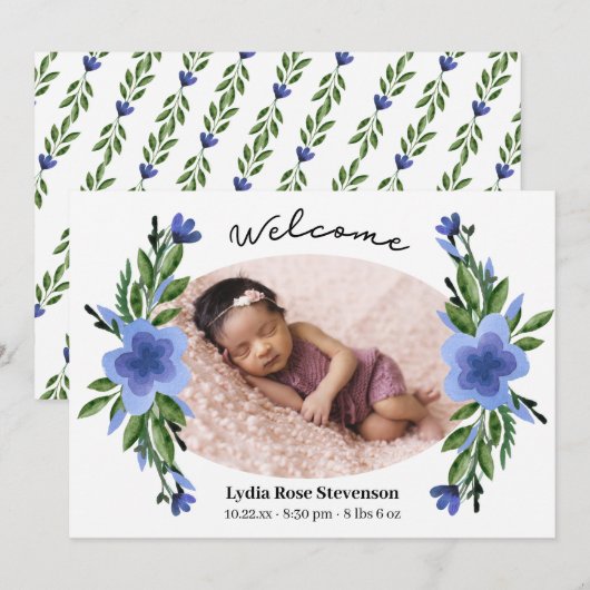  Blue Floral Oval Lijst Foto geboortedatum Aankondiging (Voorkant / Achterkant)