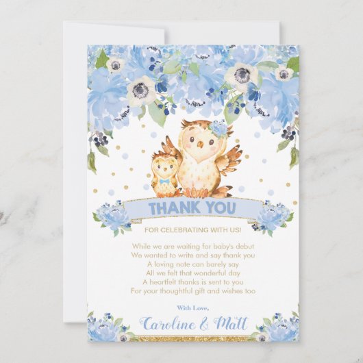 Blue Floral Owl Baby shower Boy Bedankkaart (Voorkant)