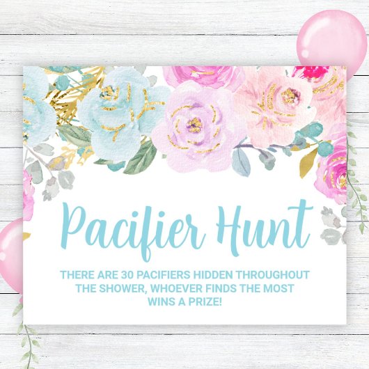 Blue Floral Pacifier Hunt Baby shower Spelbord Poster