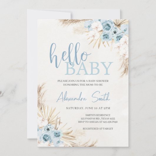 Blue Floral Pampas Grass Baby shower Kaart (Voorkant)
