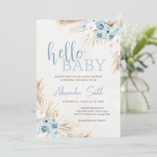 Blue Floral Pampas Grass Baby shower Kaart (Staand voorkant)