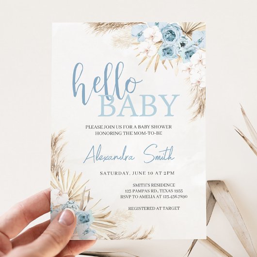 Blue Floral Pampas Grass Baby shower Kaart