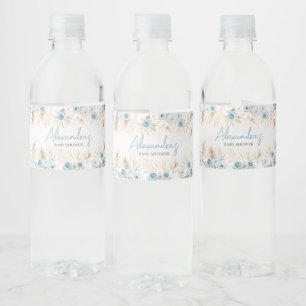 Blue Floral Pampas Grass Baby shower Waterfles Etiket