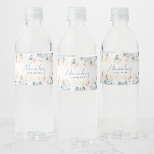Blue Floral Pampas Grass Baby shower Waterfles Etiket (Flessen)